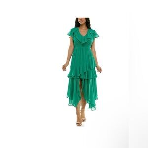 Maison Tara Kelly Green Ruffled High-Low Dress